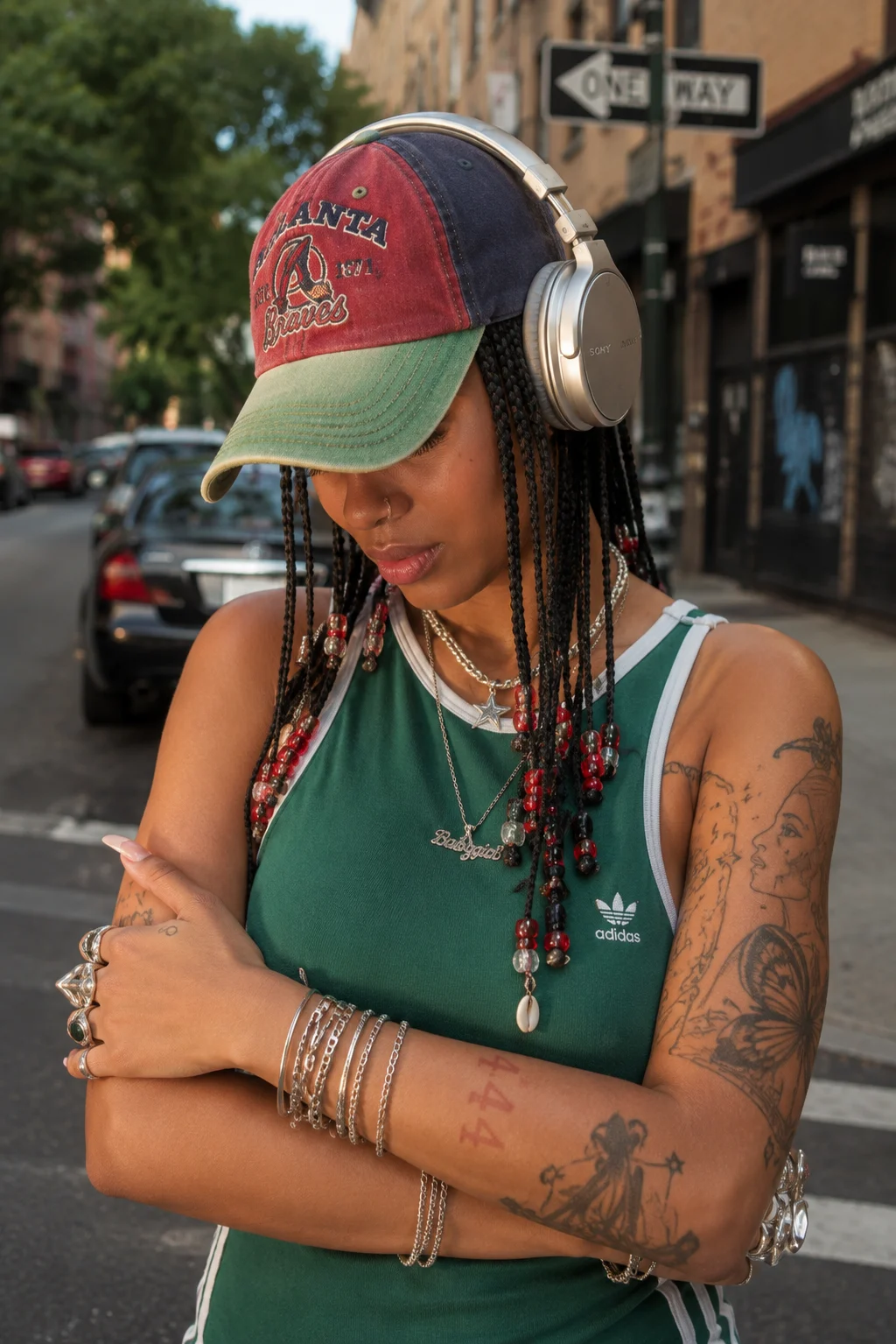 Editorial street portrait of a fashion subject wearing layered accessories and headphones in natural daylight
