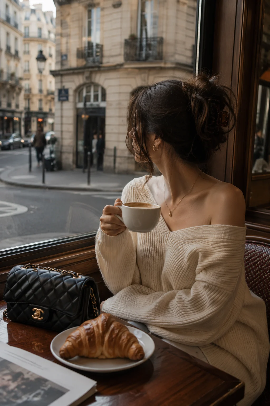 Fashion subject seated beside a café window holding a coffee cup while looking out at the city street.