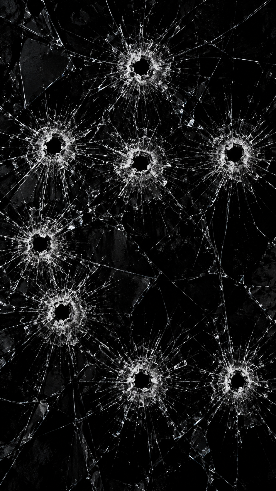 Black glass surface with eight bright shattered bullet-impact patterns and radial white cracks.