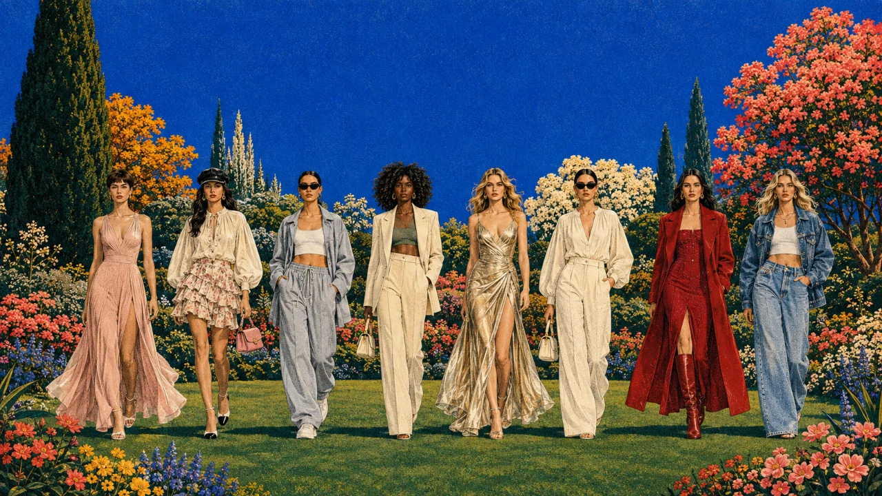 Eight fashion models in distinct outfits walk toward the viewer through a colorful ornamental garden with a cobalt-blue sky in a vintage print illustration.