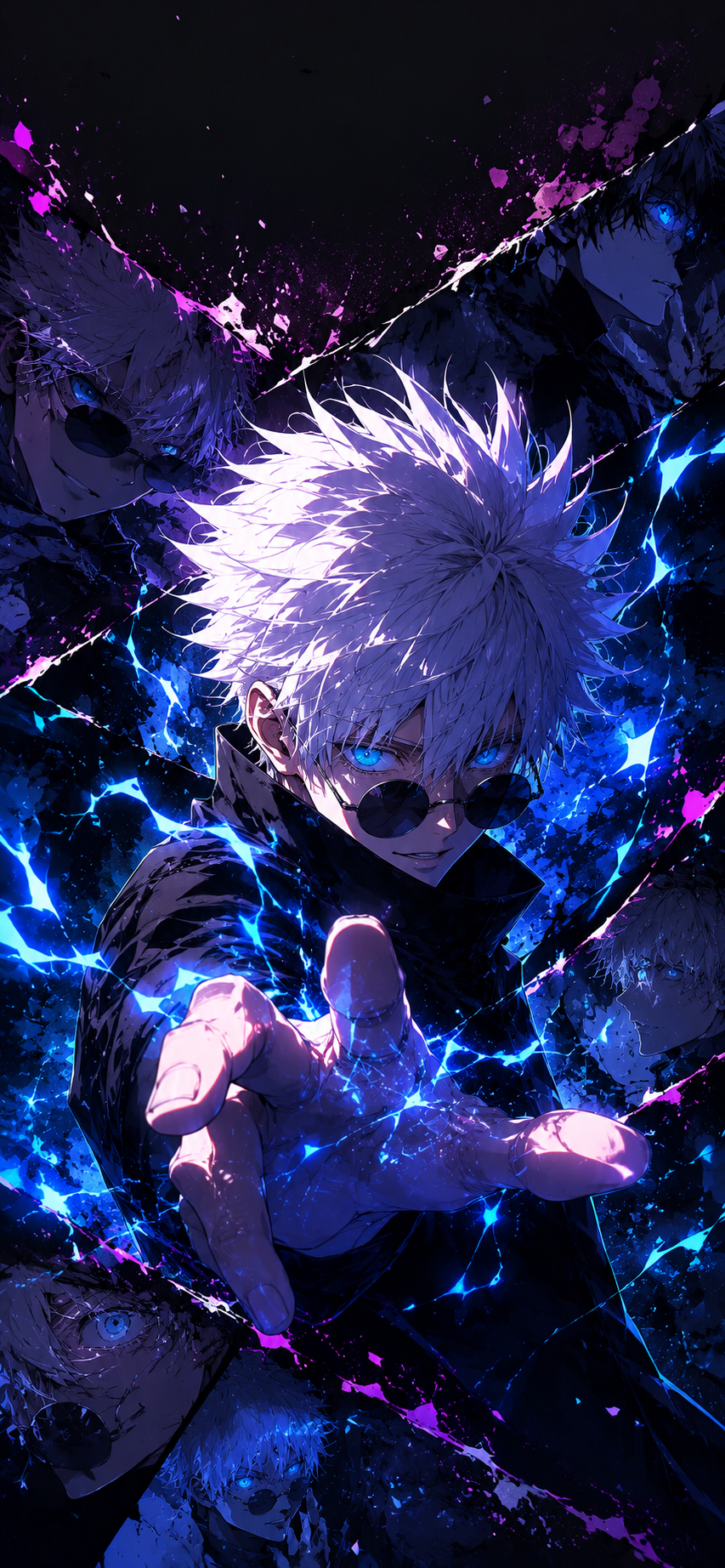 White-haired anime character with sunglasses and glowing blue eyes surrounded by electric blue energy in a dark manga collage