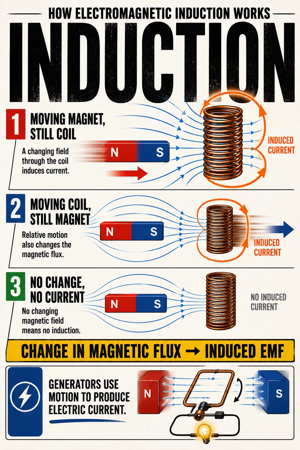 Educational induction chart with three magnet-and-coil demonstrations, magnetic field lines, motion arrows, current loops, and a generator application.