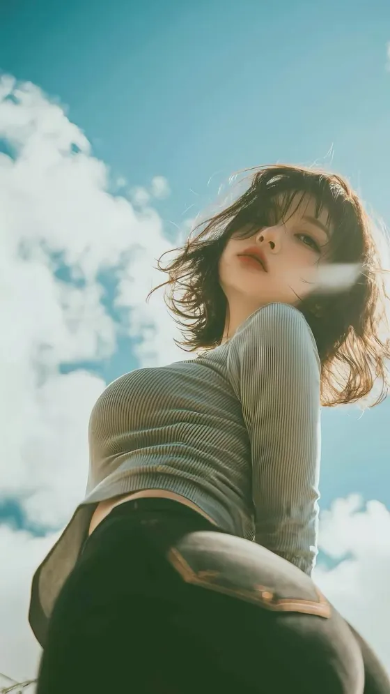 Low-angle editorial portrait of a stylish woman in a ribbed crop top beneath a bright blue sky with clouds, designed as an iPhone lock screen wallpaper.