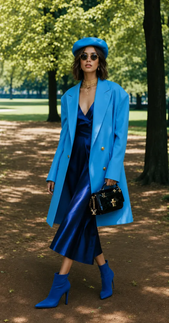 Stylish woman in a blue coat and dress walking through a green park in an editorial fashion portrait.