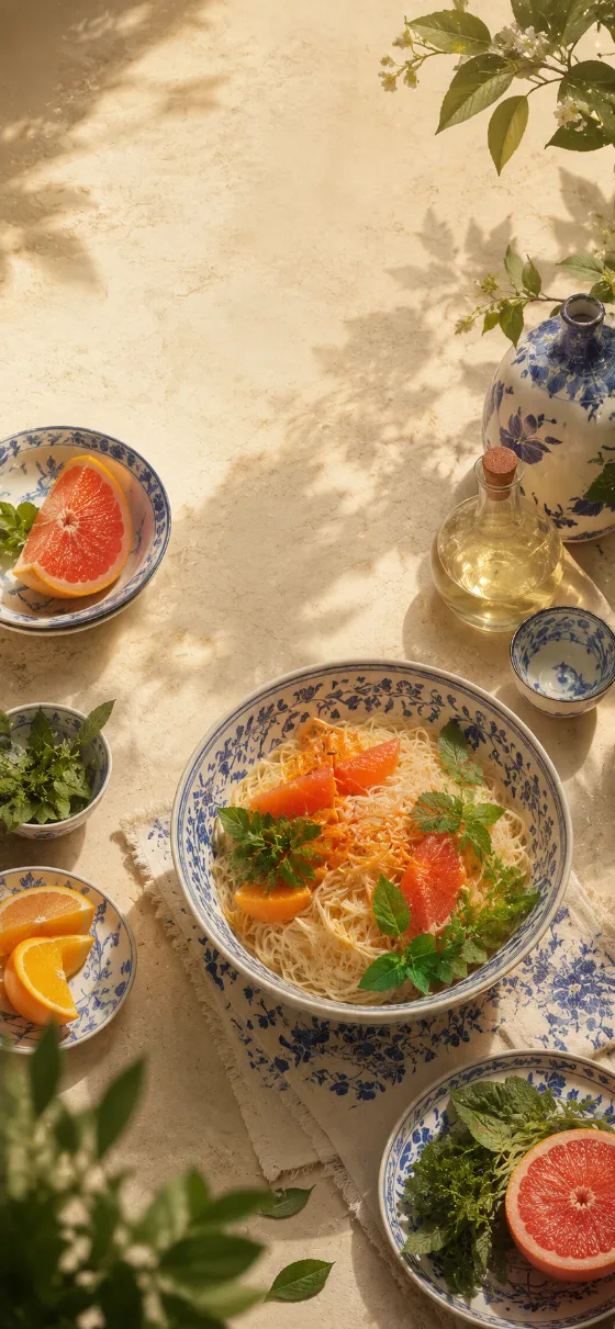 Overhead view of a citrus noodle bowl with grapefruit slices, fresh herbs, and blue porcelain dishes on a sunlit tabletop.