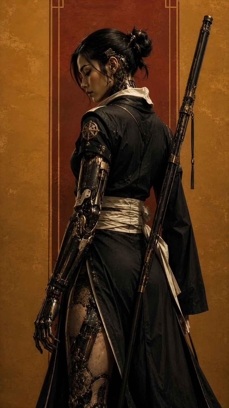 Cybernetic warrior character with brass mechanical augmentation, black clothing, and a long weapon in warm graphic fantasy art.