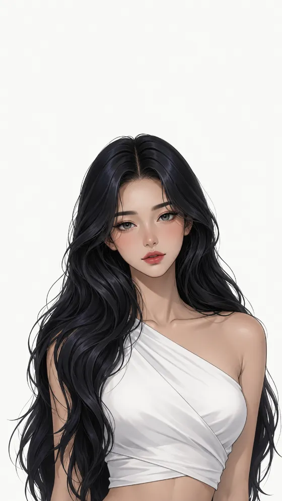 Stylized female-presenting character with long dark waves and a white wrap top against a plain warm ivory background.