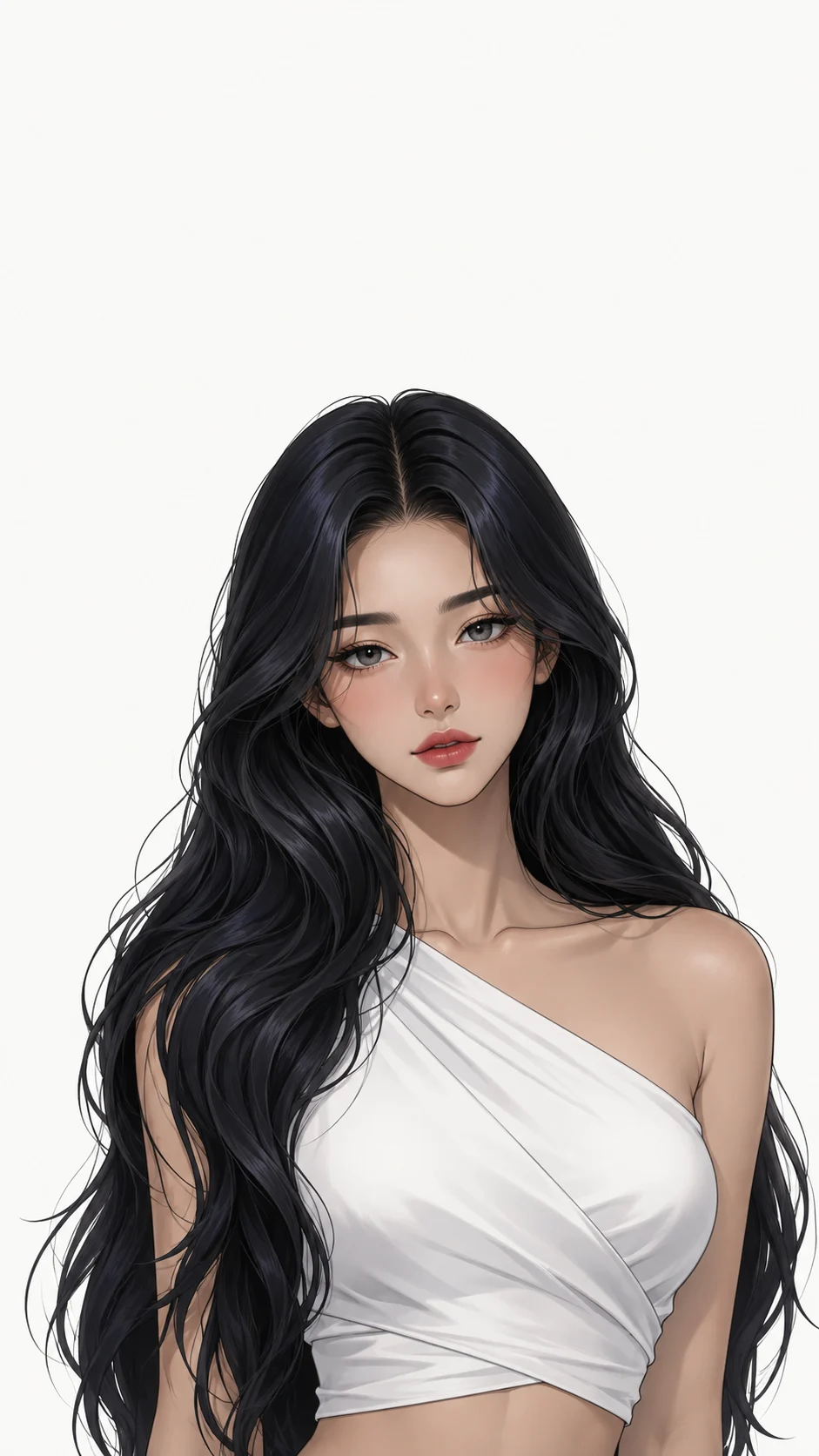 Stylized female-presenting character with long dark waves and a white wrap top against a plain warm ivory background.
