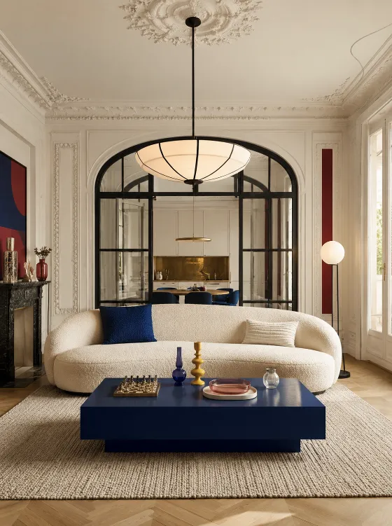 Art Deco living room with curved cream sofa, cobalt blue coffee table, ornate plaster ceiling, and arched glass partition.