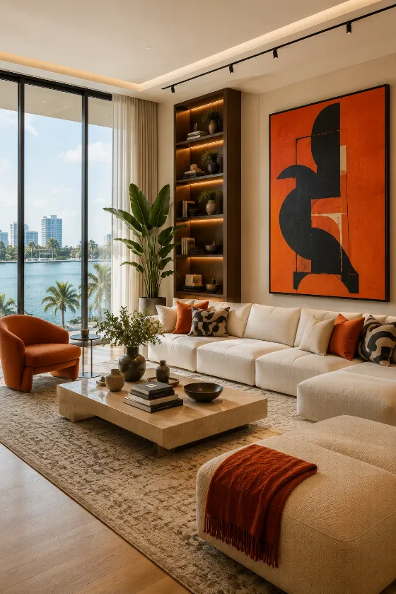 Elegant contemporary living room with cream sectional, orange lounge chair, waterfront windows, dramatic abstract, dark shelving, and stone coffee table.