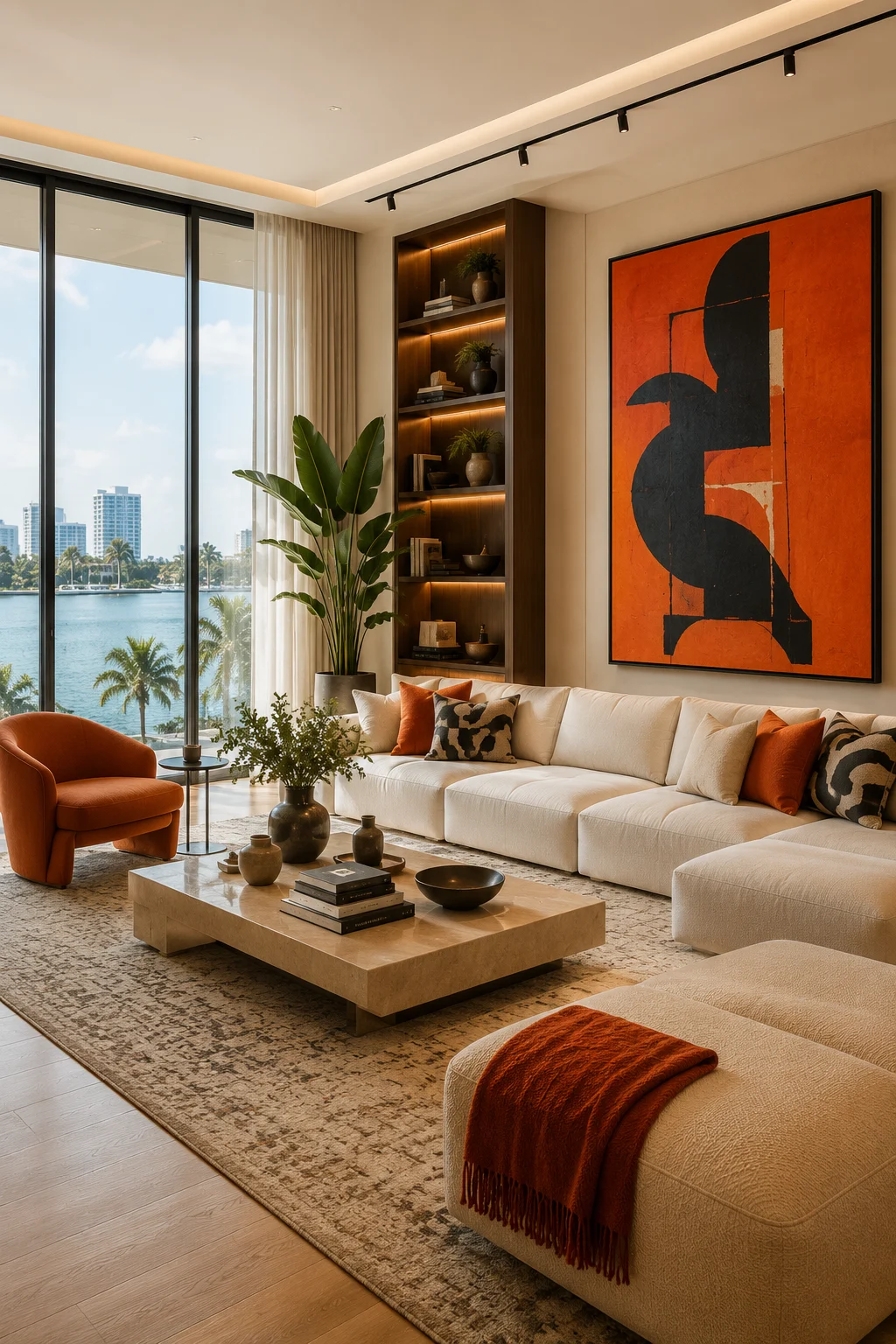 Elegant contemporary living room with cream sectional, orange lounge chair, waterfront windows, dramatic abstract, dark shelving, and stone coffee table.