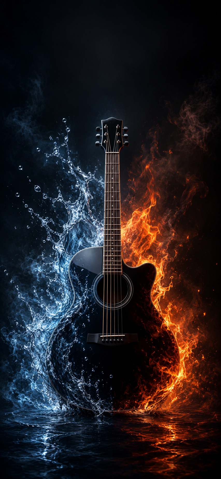 Glossy black acoustic guitar centered between blue water splash and orange fire smoke on a dark background.