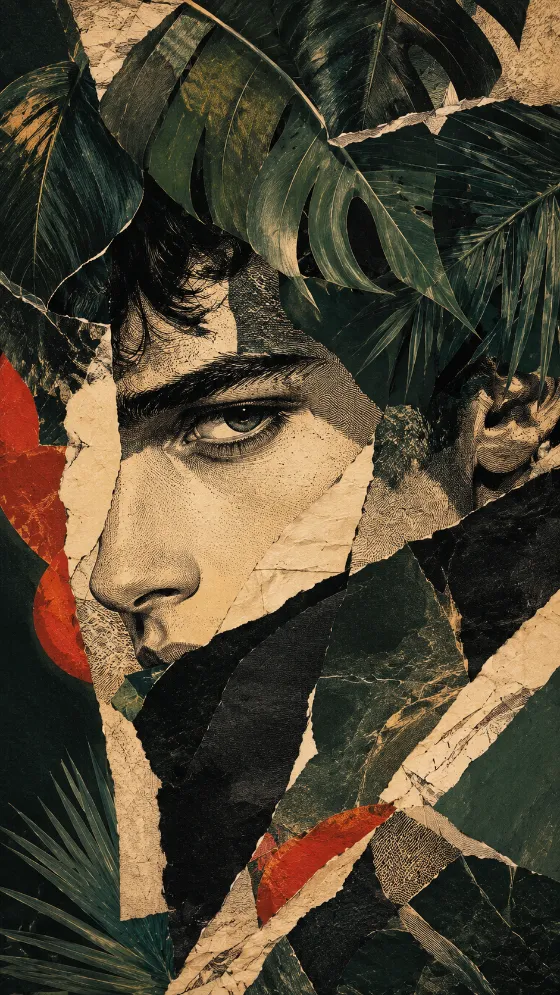 Stylized male face in an emerald green botanical vintage paper collage with engraved ink linework and distressed textures.