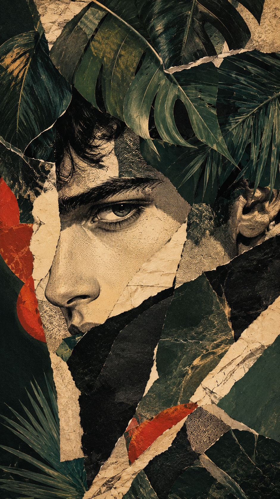 Stylized male face in an emerald green botanical vintage paper collage with engraved ink linework and distressed textures.