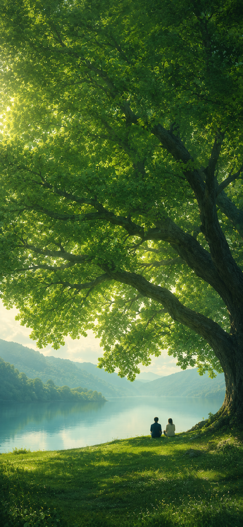 A giant emerald tree shading two people beside a peaceful lakeside.