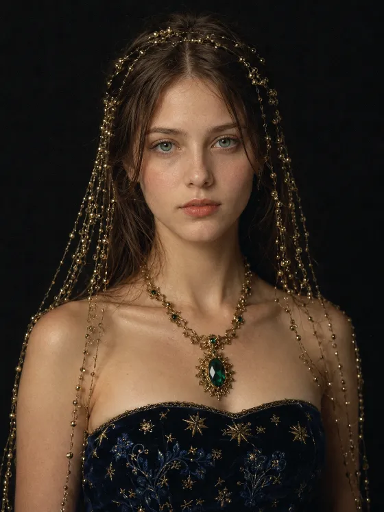Upper-torso fashion portrait of a woman wearing a celestial embroidered bodice, gold-beaded hair veil, and emerald pendant against a black background.