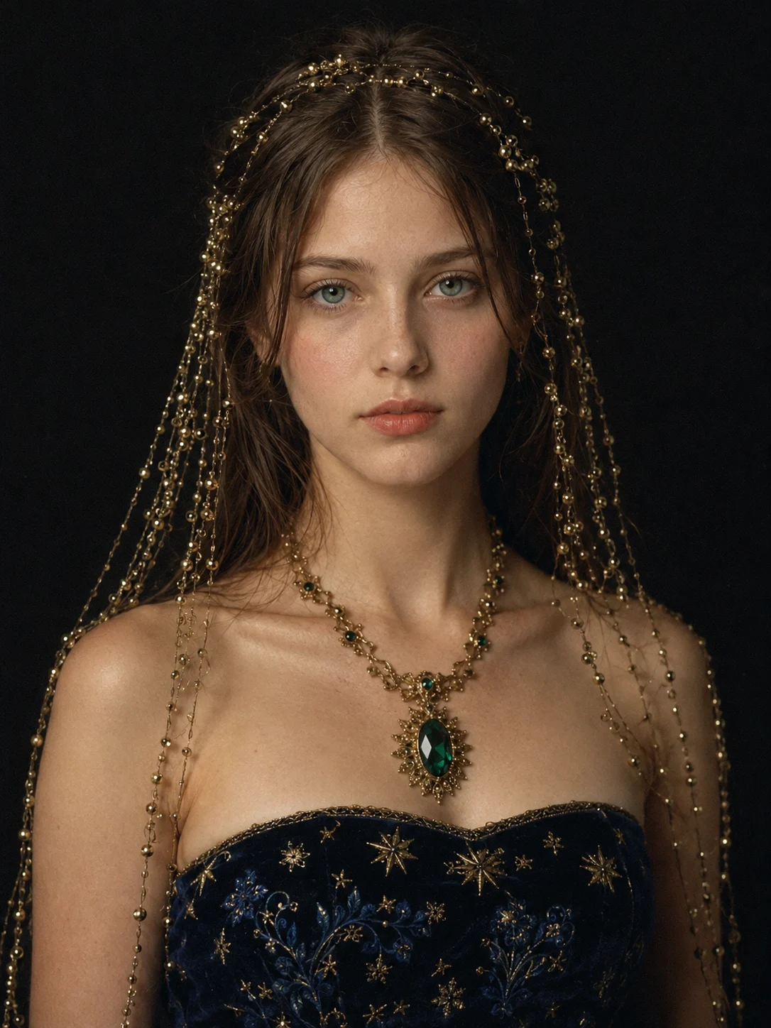 Upper-torso fashion portrait of a woman wearing a celestial embroidered bodice, gold-beaded hair veil, and emerald pendant against a black background.