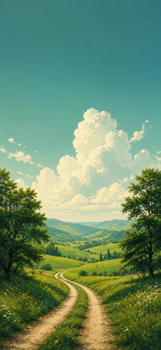 Illustrated country road winding through green fields beneath dramatic clouds and rolling hills.