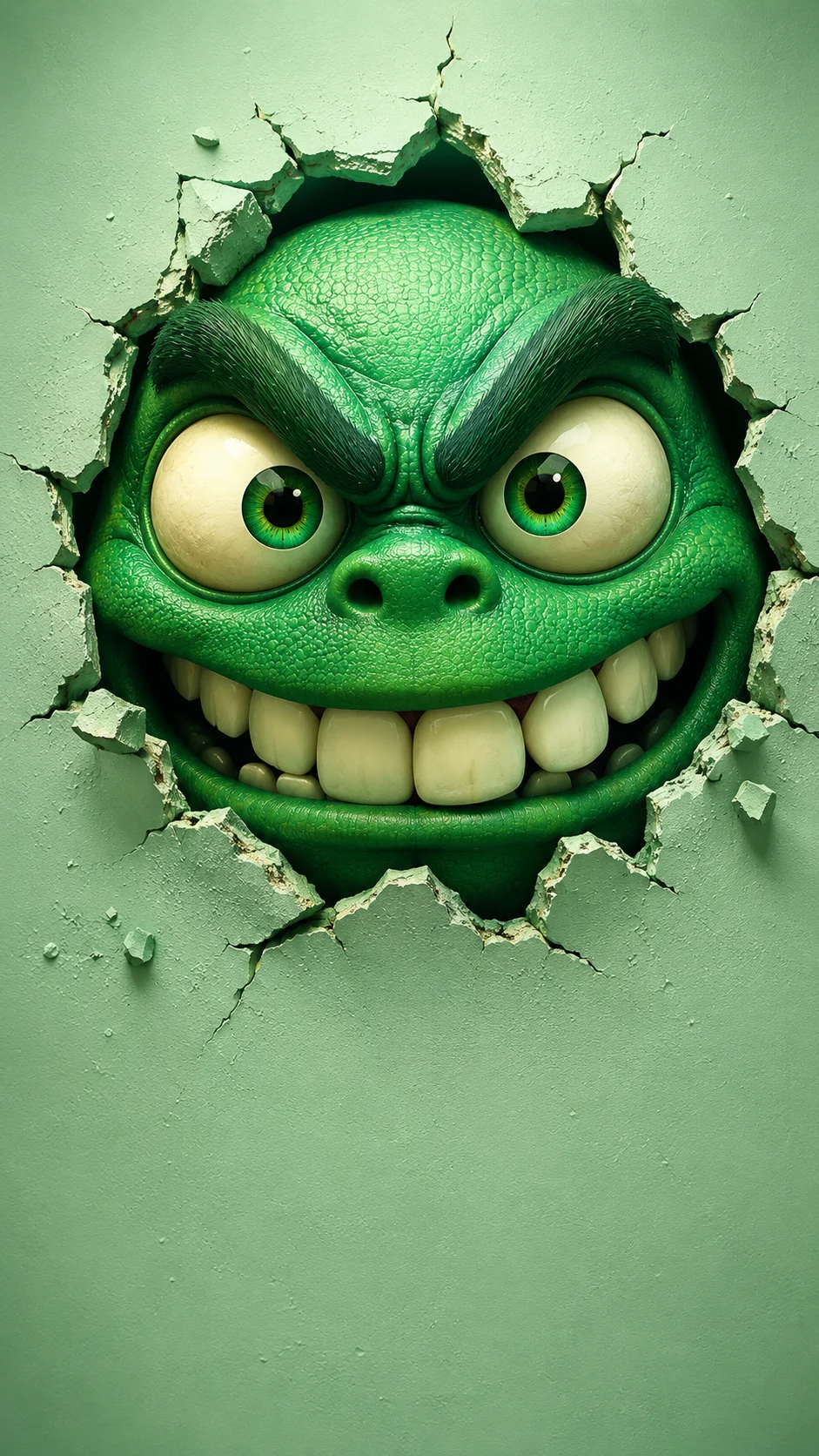 Emerald-green fantasy creature with oversized eyes and a toothy mouth breaking through a cracked green wall.