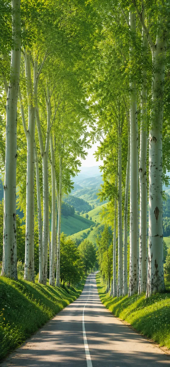 Tall white-barked trees lining a peaceful road through vibrant green hills beneath a lush canopy, with soft sunlight filtering through.