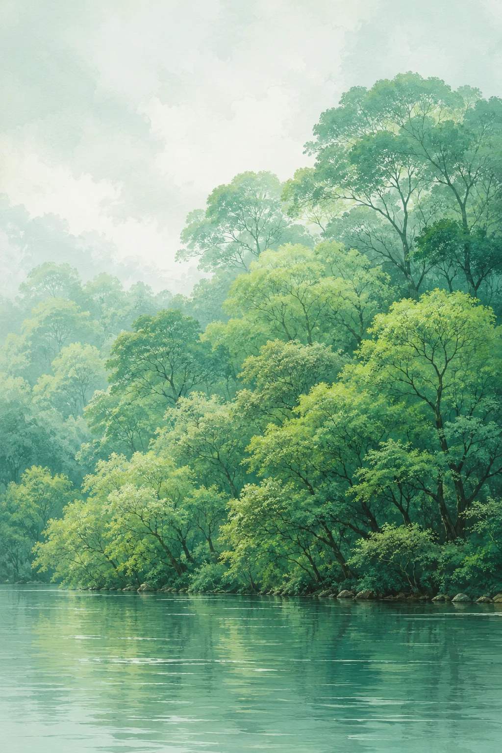 Layered emerald forest canopy above calm green water in a soft painterly vertical landscape.
