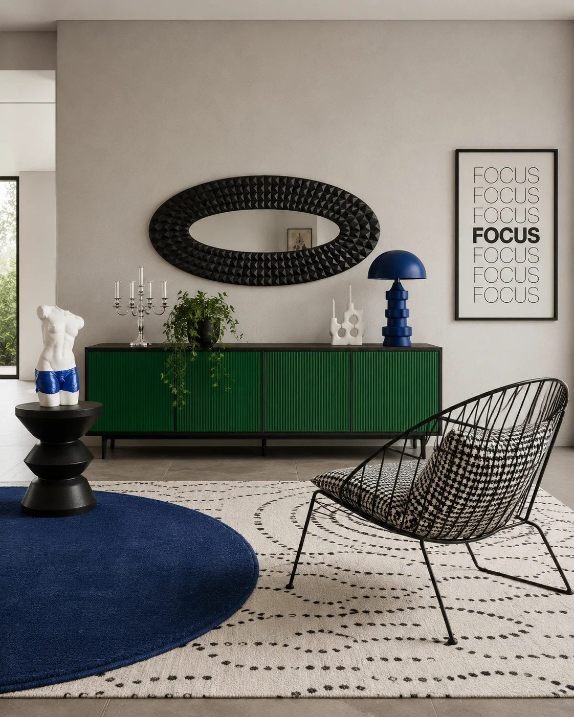 Eclectic contemporary lounge with emerald sideboard, cobalt blue accents, graphic rugs, black sculptural chair, mirror, and decor.