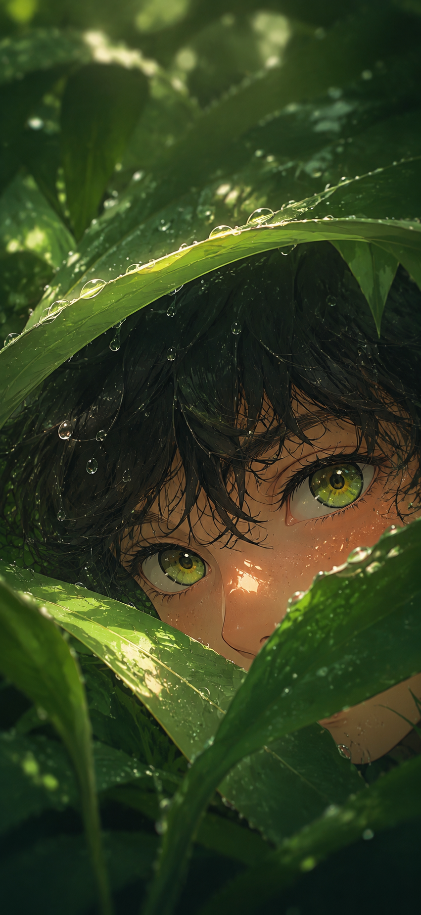 Close-up anime face with bright green eyes framed by glossy wet leaves and clear water droplets in emerald light.
