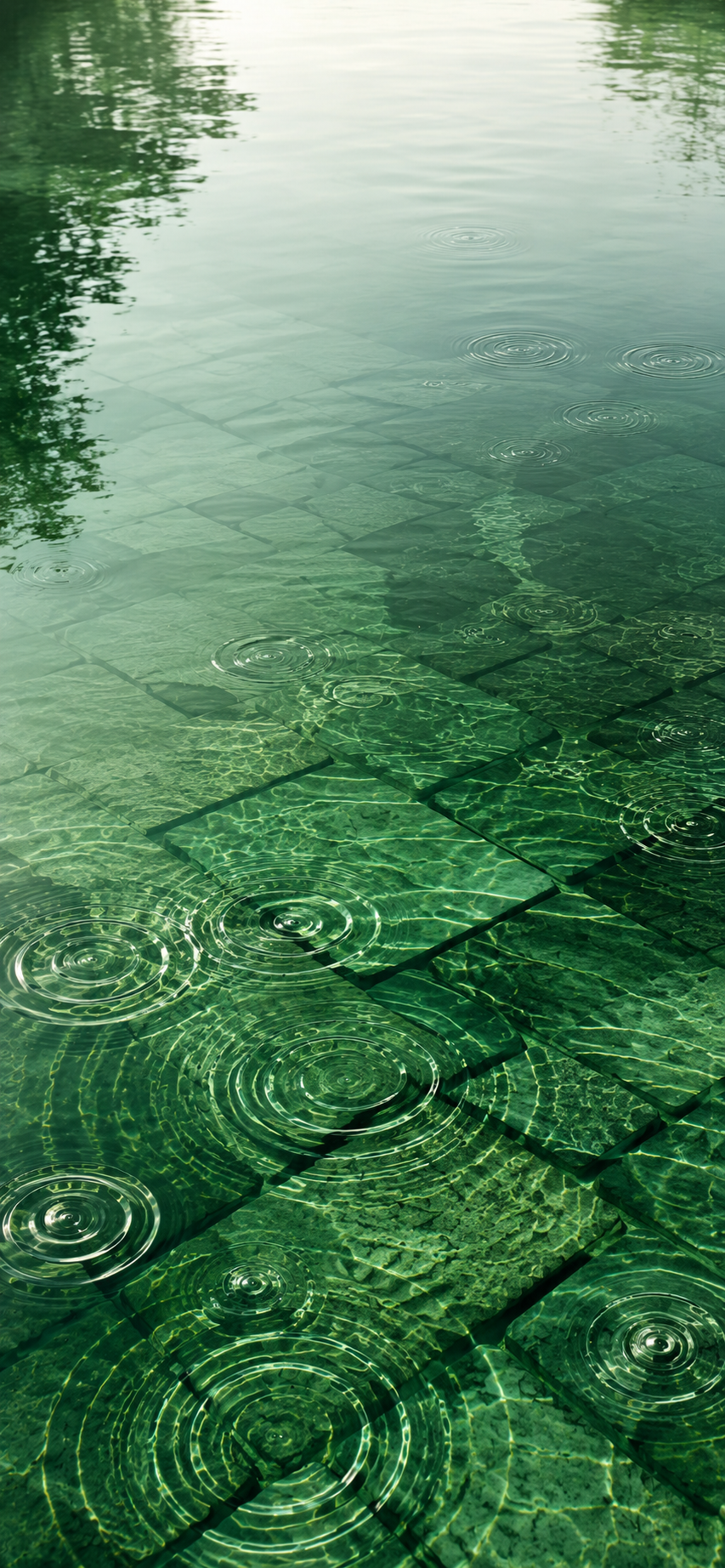 Emerald-green water with gentle rain ripples flowing across submerged stone tiles in a peaceful garden setting.