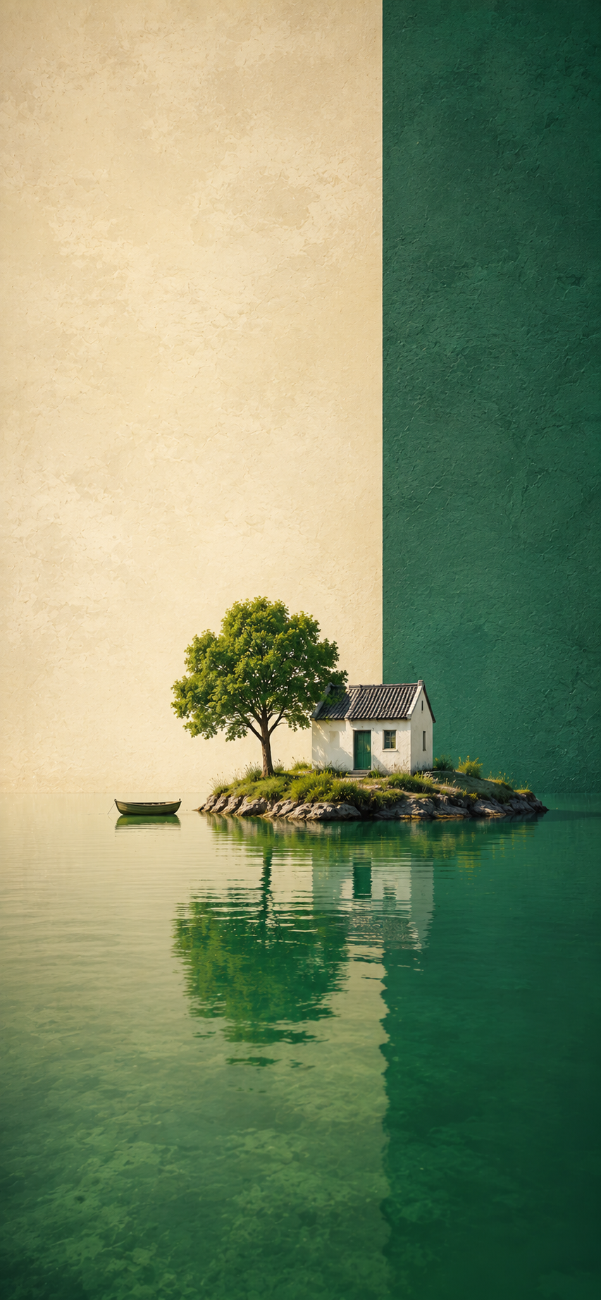 Minimal island with a white cottage, green tree, calm reflective water, and an abstract textured background.