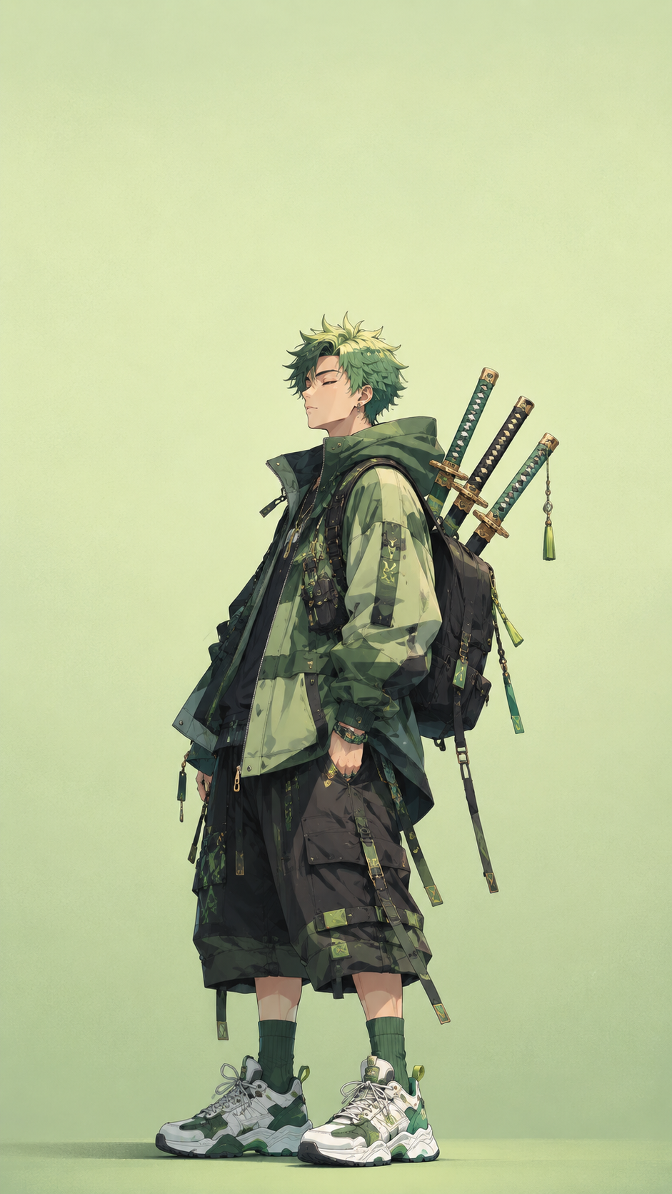 Original green-haired anime-inspired swordsman wearing an oversized green jacket, charcoal shorts, white sneakers, a backpack, and three sheathed blades.