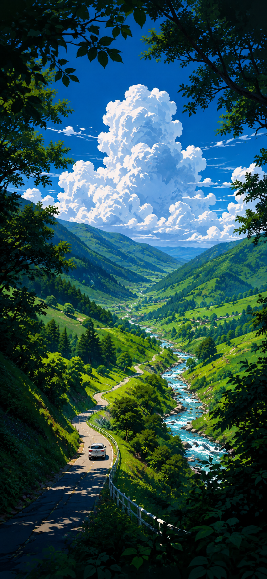 Vertical illustrated landscape of a winding road, green hills, stream, small white car, trees, and bright clouds