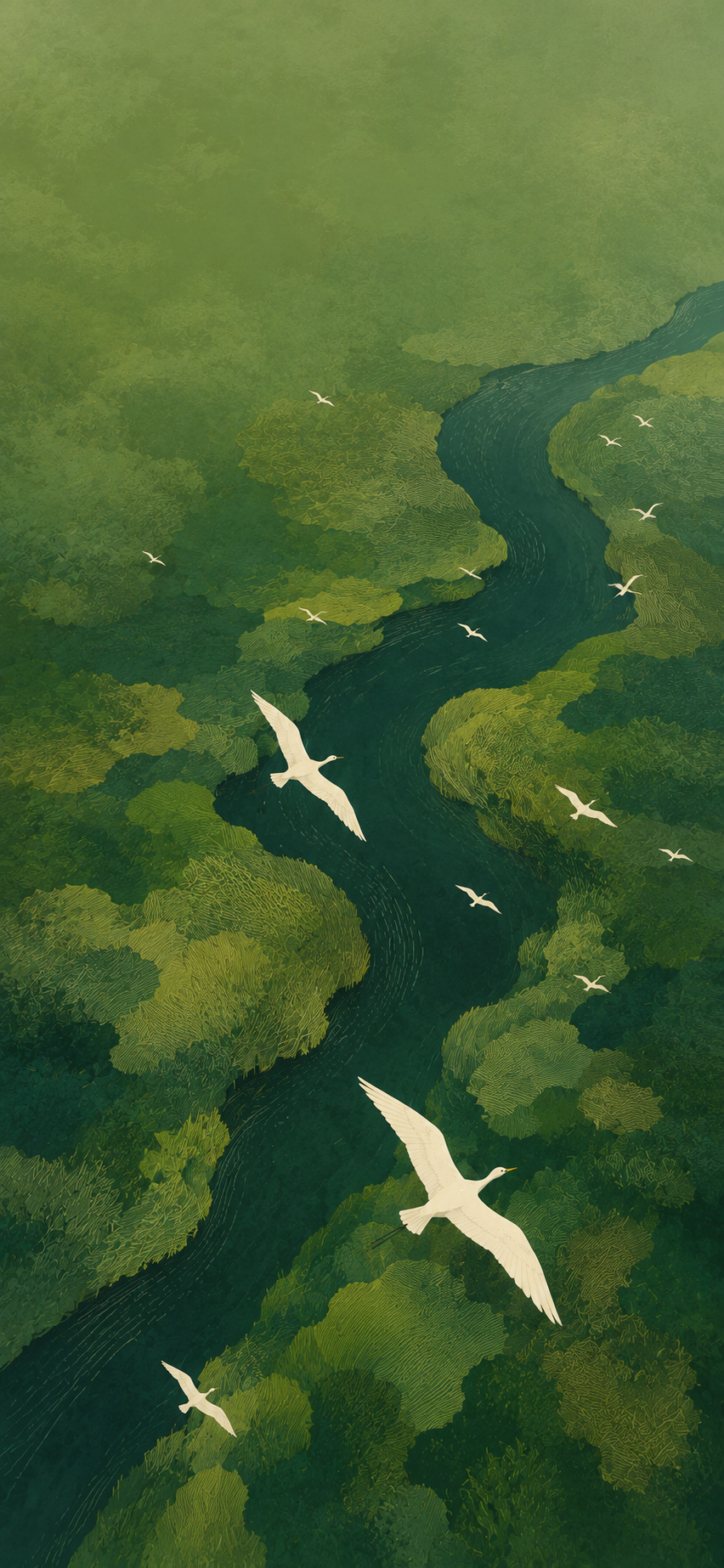White birds flying above an abstract green marshland with a winding river.