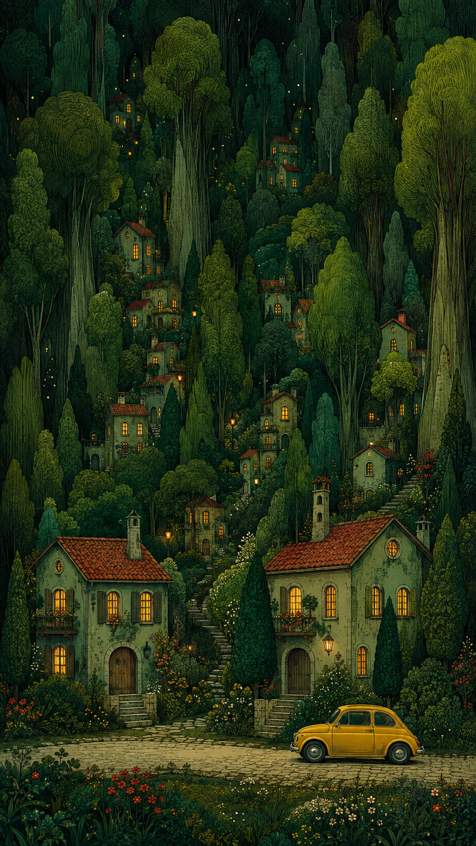 Vertical storybook forest village with towering green trees, glowing houses, red roofs, and a yellow car on the road.