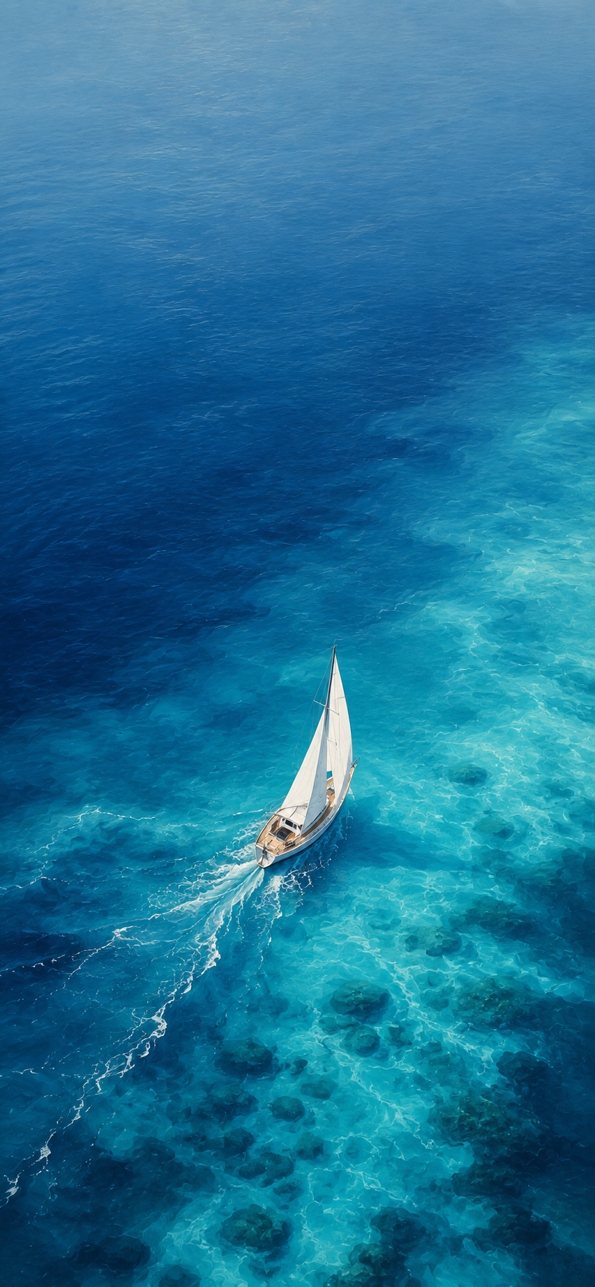 A lone white sailing yacht crossing crystal-clear turquoise ocean viewed from above.