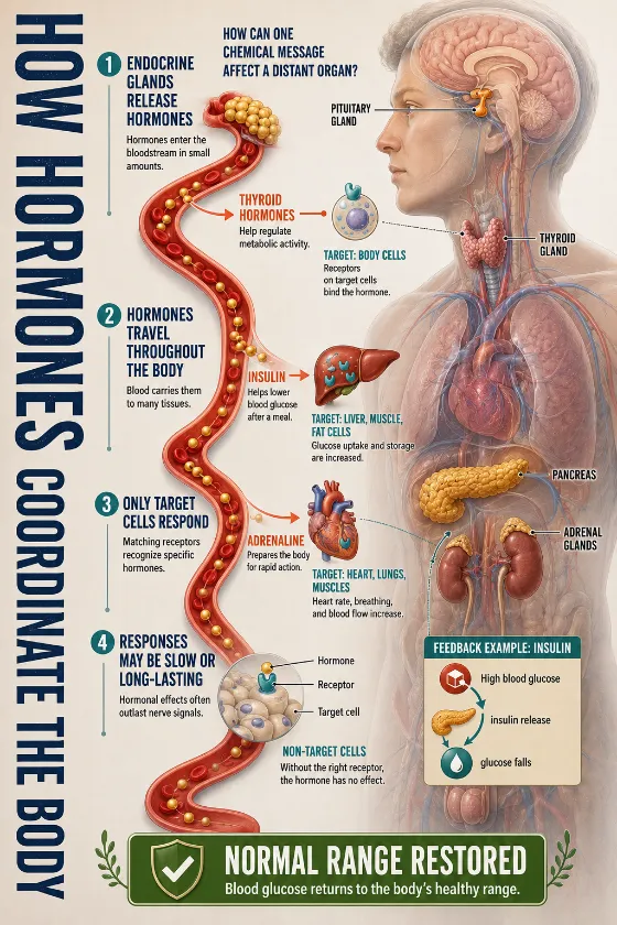 Educational endocrine poster showing the pituitary, thyroid, adrenal glands, pancreas, gonads, hormone pathways, and a small insulin feedback example.