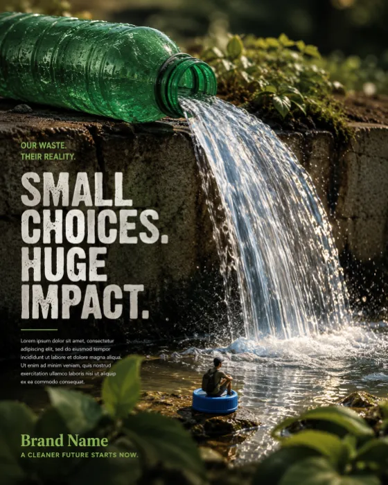 Conceptual environmental advertisement showing a plastic bottle pouring a massive waterfall beside a miniature seated figure.