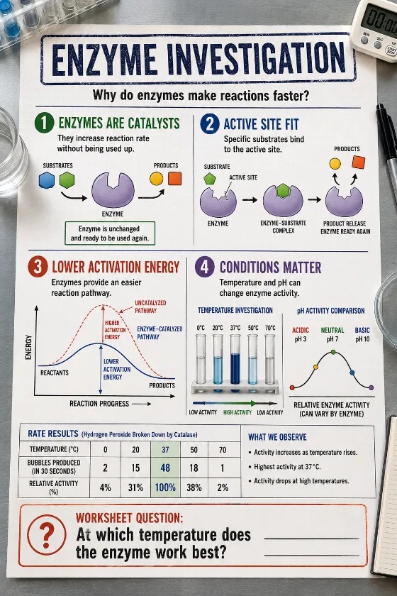 Educational enzyme lab sheet with a substrate-binding model, activation-energy graph, pH comparison, test-tube temperature test, and results table.