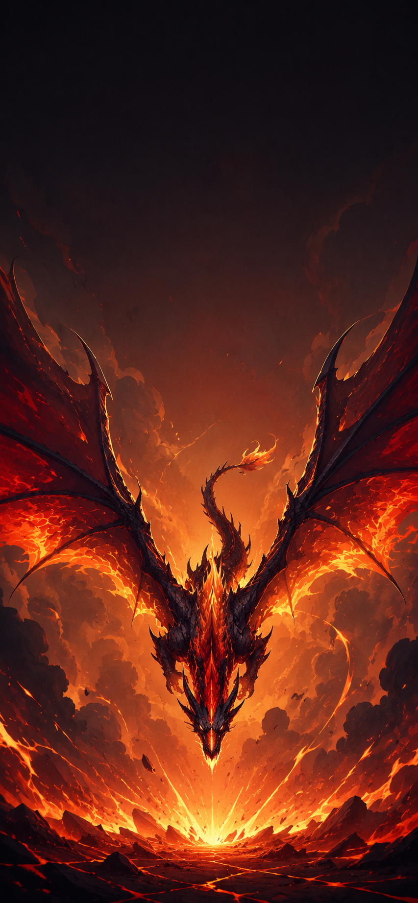 Stylized fire dragon descending through flames with dramatic wings and explosive energy.