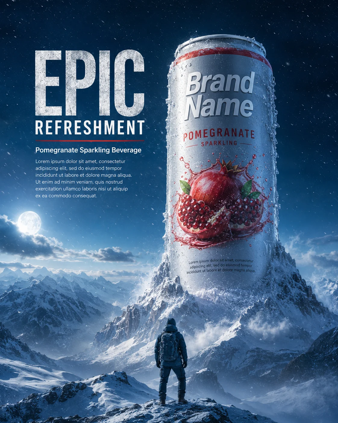 A giant pomegranate sparkling beverage can in a snowy mountain landscape with an explorer in the foreground.
