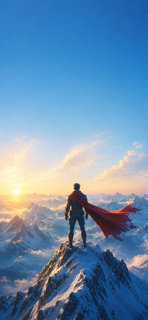 Original anonymous caped guardian standing on a snowy mountain peak beneath a bright blue sky with cinematic sunrise lighting.
