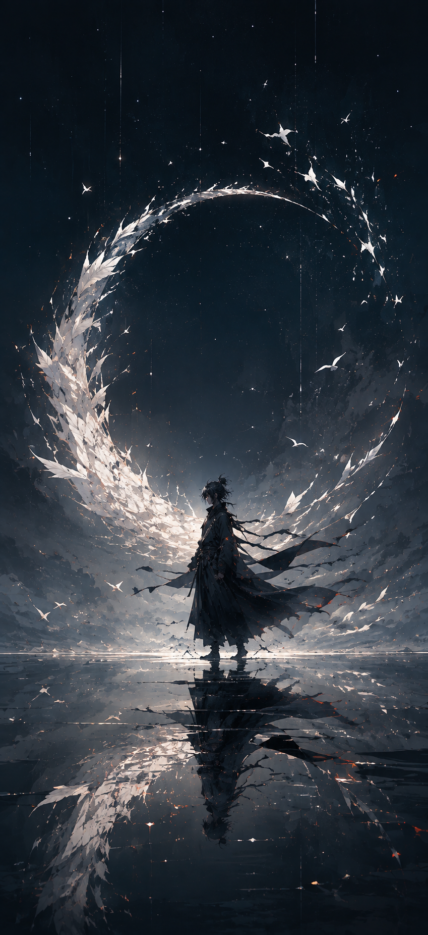 Dark-haired anime traveler standing beneath a giant glowing crescent made of white fragments above a reflective dark surface with subtle orange-red sparks.