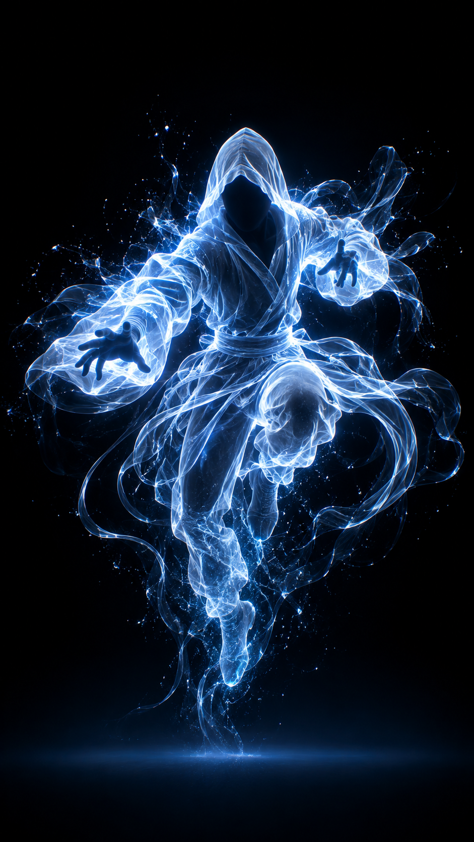 Translucent hooded figure floating in a dynamic pose with glowing blue-white energy trails against a black background.