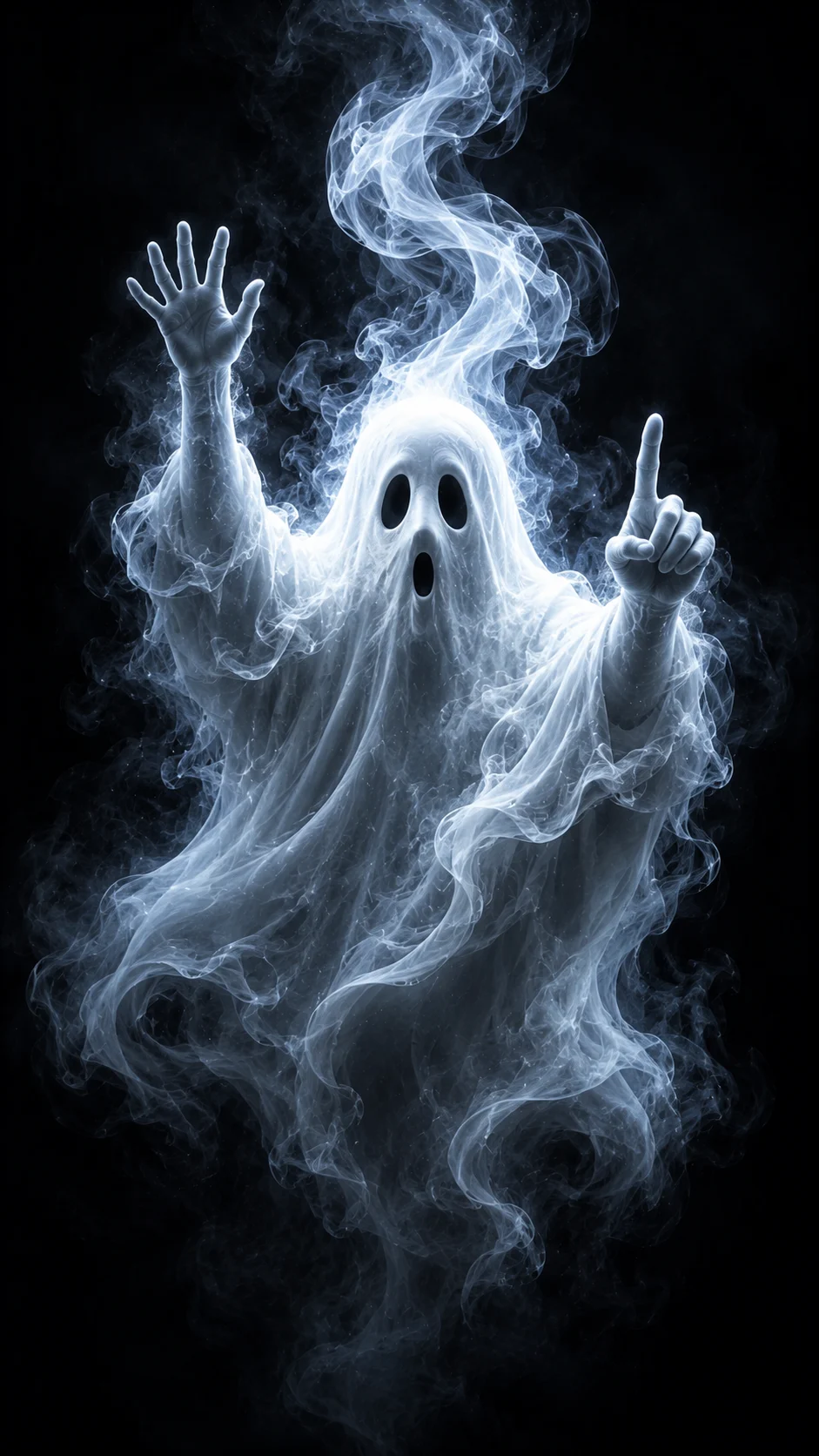 White vapor ghost with black eyes, raised smoky hands, and curling smoke plume in darkness.