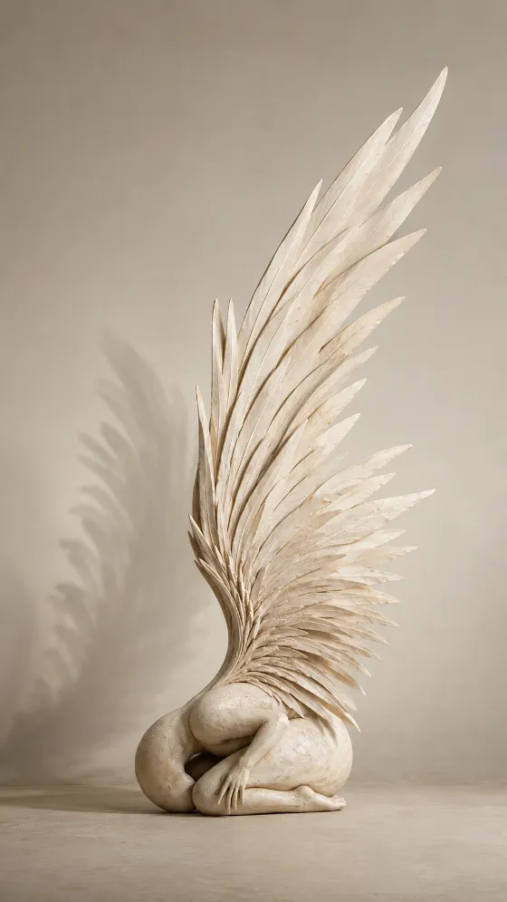 Abstract pale winged sculpture with long layered feathers in a minimalist studio.