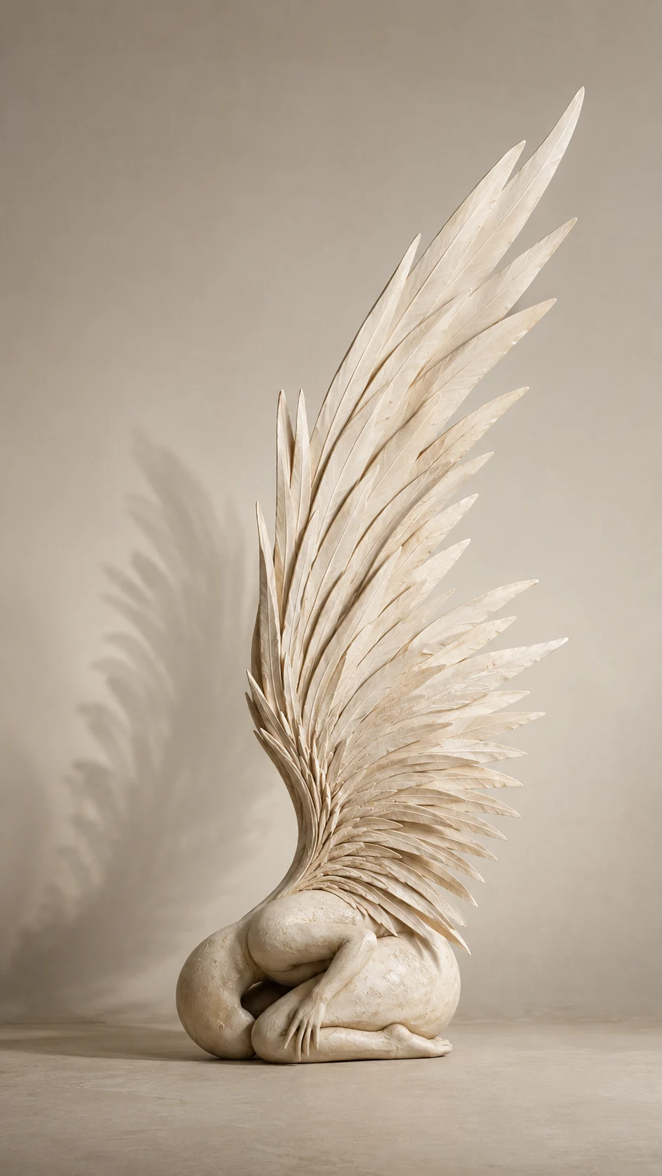 Abstract pale winged sculpture with long layered feathers in a minimalist studio.