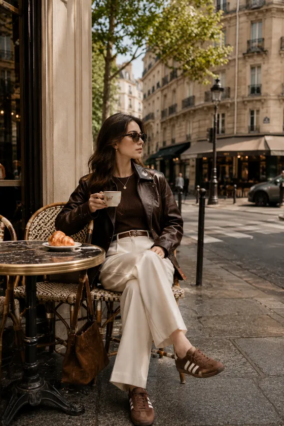 Fashion subject seated at a European café holding a coffee cup beside a croissant on a sidewalk table.