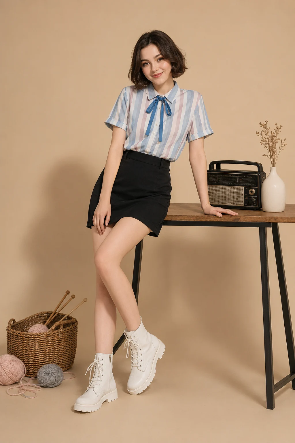 Studio fashion portrait of a young European fashion subject in a striped blouse, black mini skirt, and white lace-up boots beside a retro radio table.