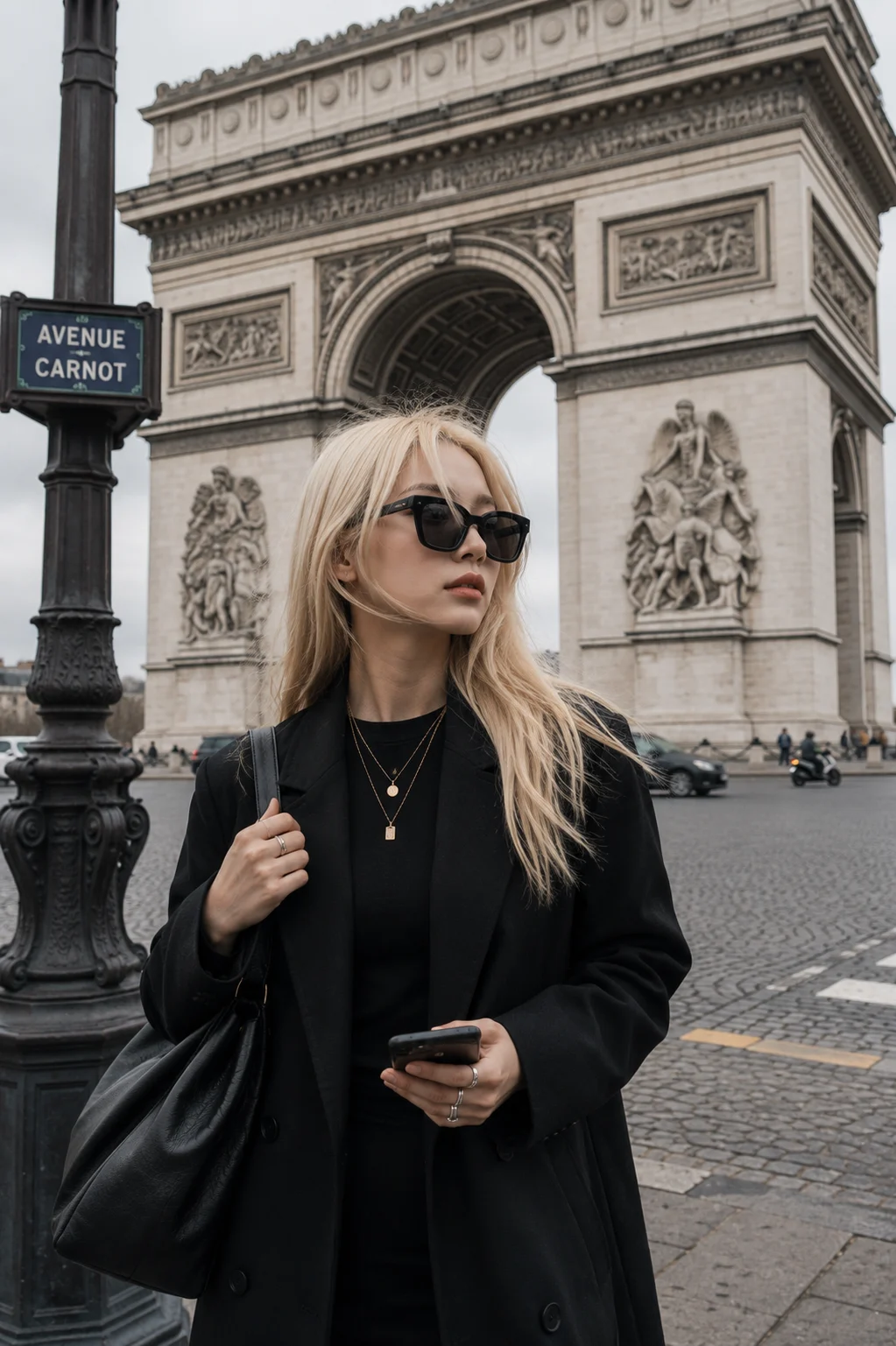 Fashion subject wearing a black coat and sunglasses standing before a monumental European stone arch while holding a leather shoulder bag.