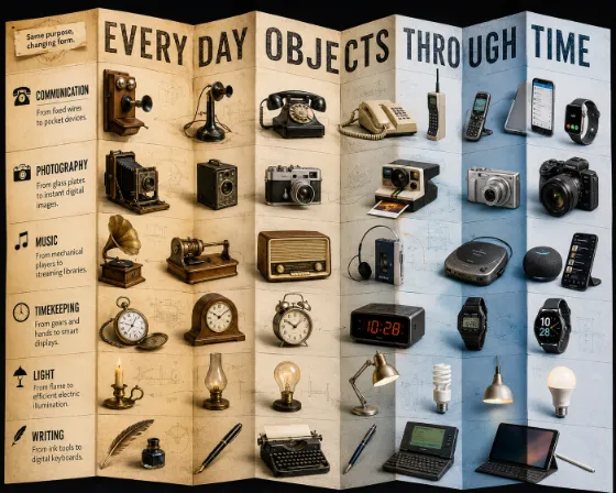 Accordion-fold educational poster showing design evolution of communication, photography, music, timekeeping, light, and writing objects.