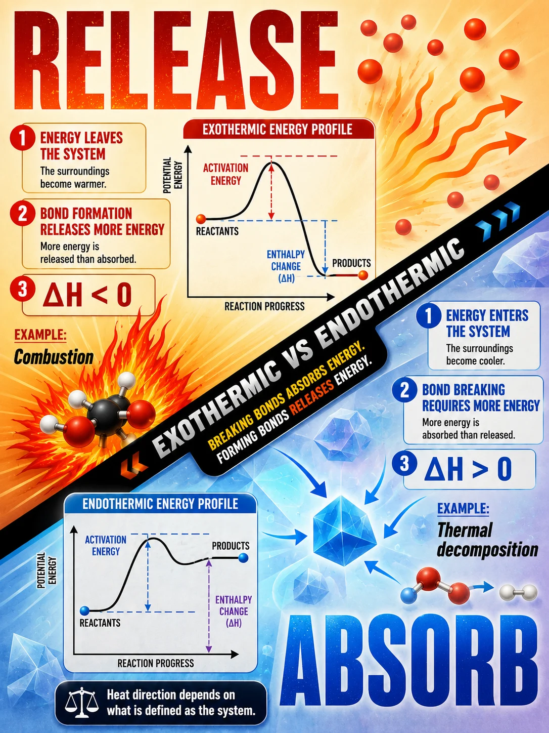Educational chemistry comparison with warm exothermic and cool endothermic halves, energy diagrams, formulas, examples, and a bond-breaking clarification strip.